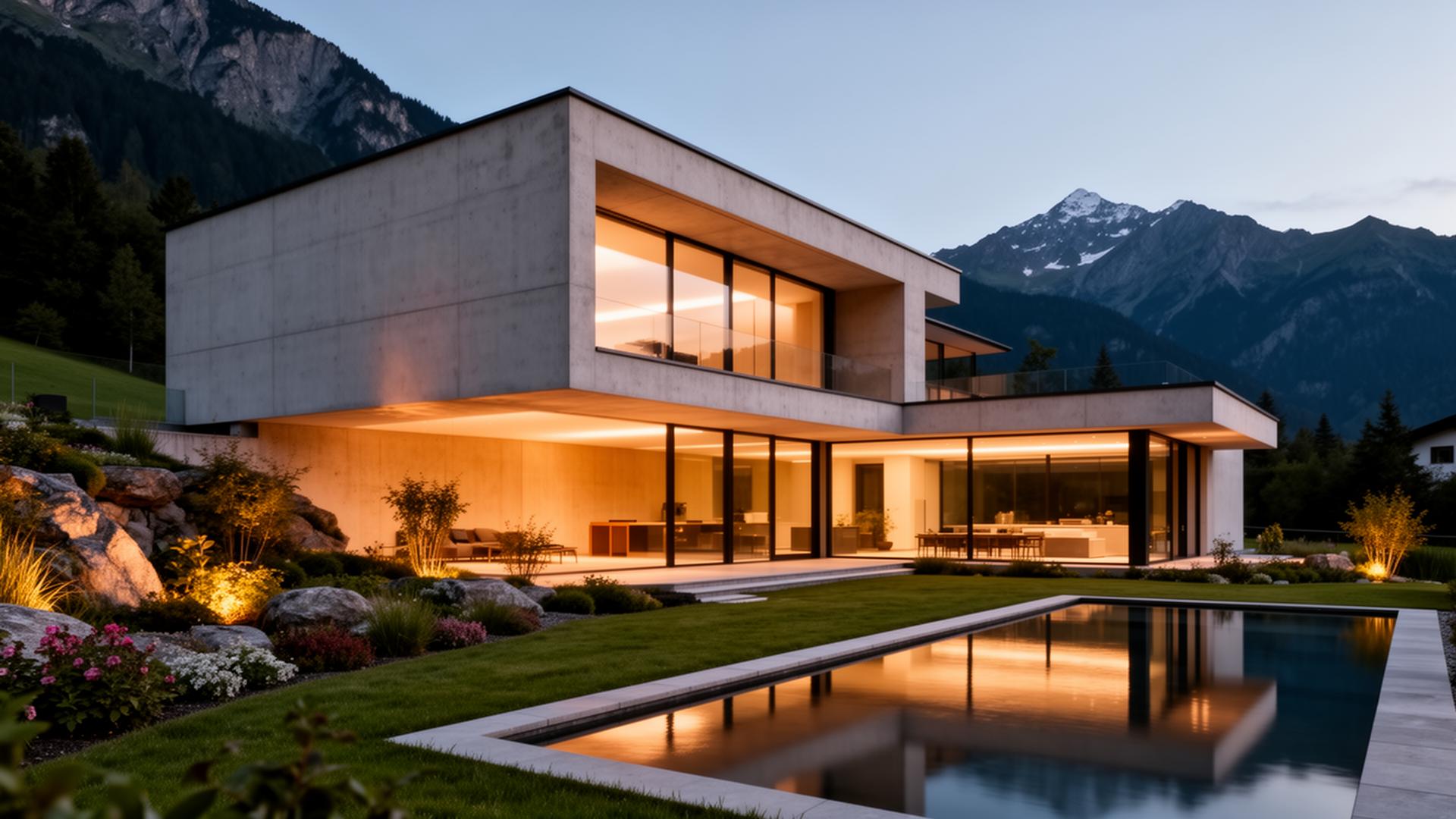 Aerial view of an Austrian luxury villa estate at twilight