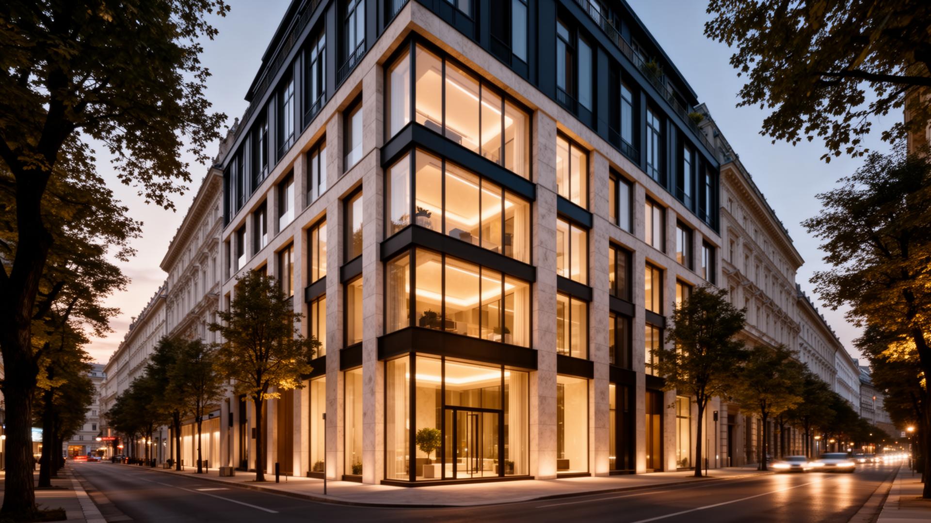 Modern Vienna luxury residential facade at dusk