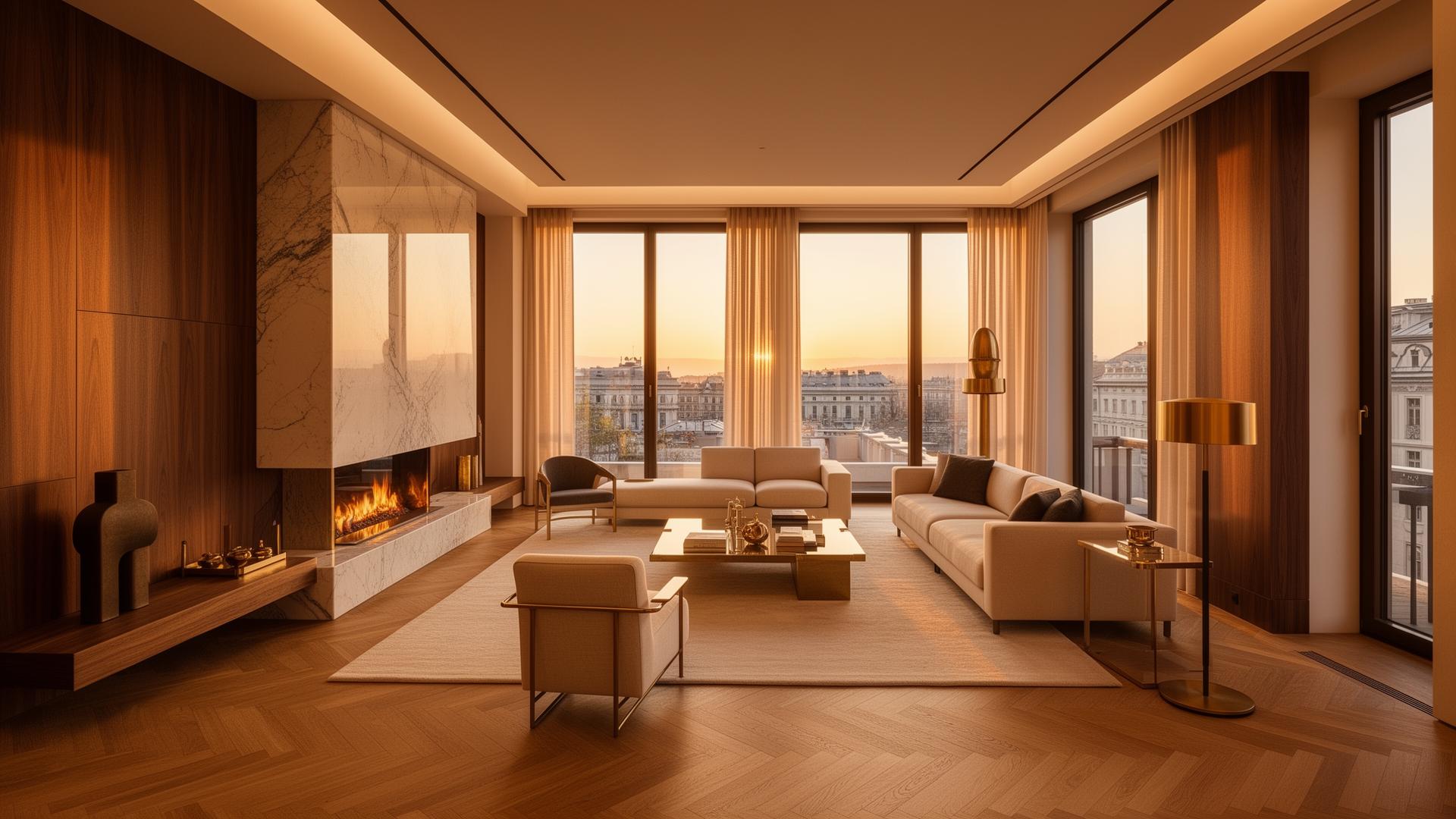 Luxury Vienna residence interior at golden hour